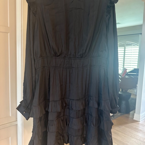 By Anthropologie Tiered Ruffled Mini Dress black Long Sleeve XL Satin $160 - Picture 6 of 10